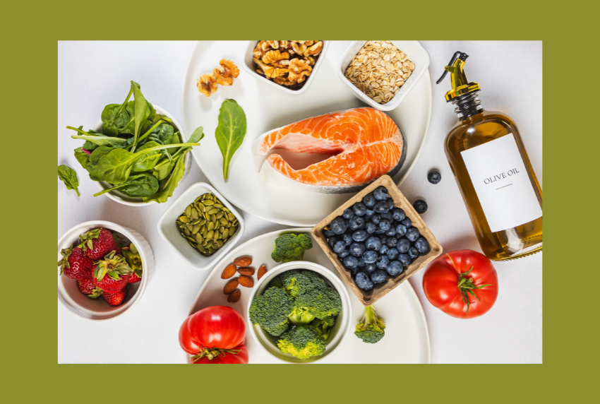 Top view of healthy foods. 