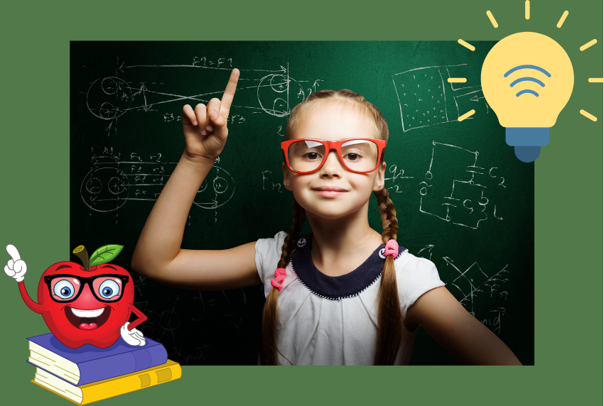 Young person with glasses in front of a chalk board. 