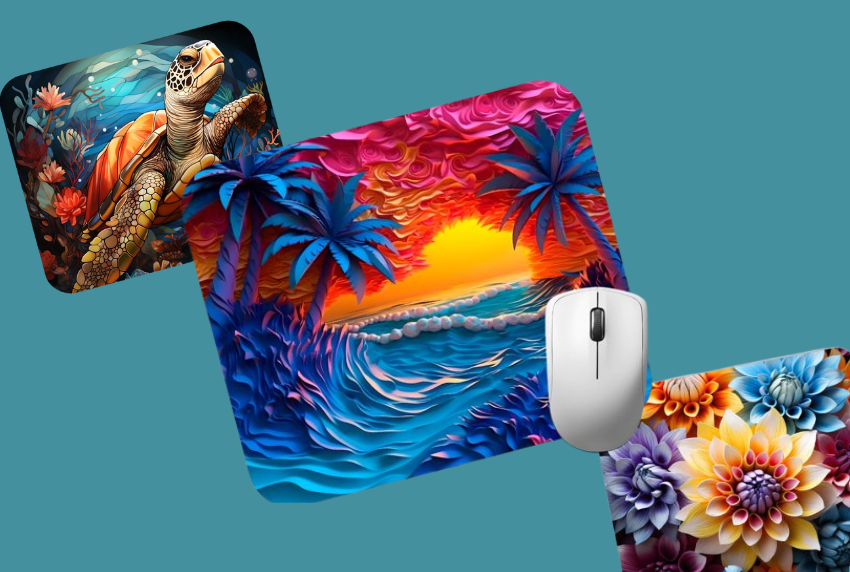 Top view of 3 different decorated mousepads. 