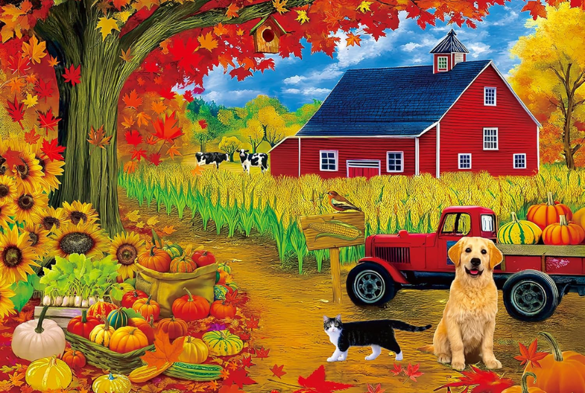 Fall scene with barn and tractor.