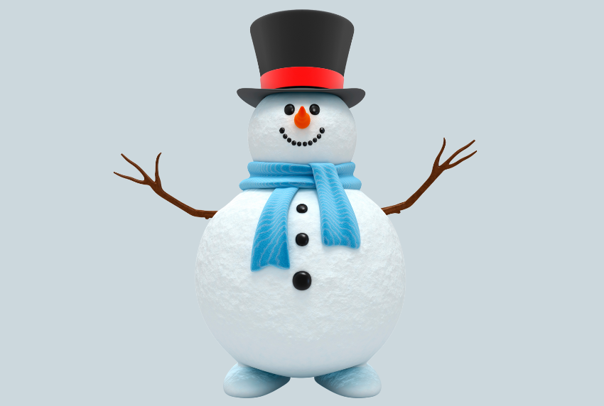 Snowman with a top hat and blue scarf. 