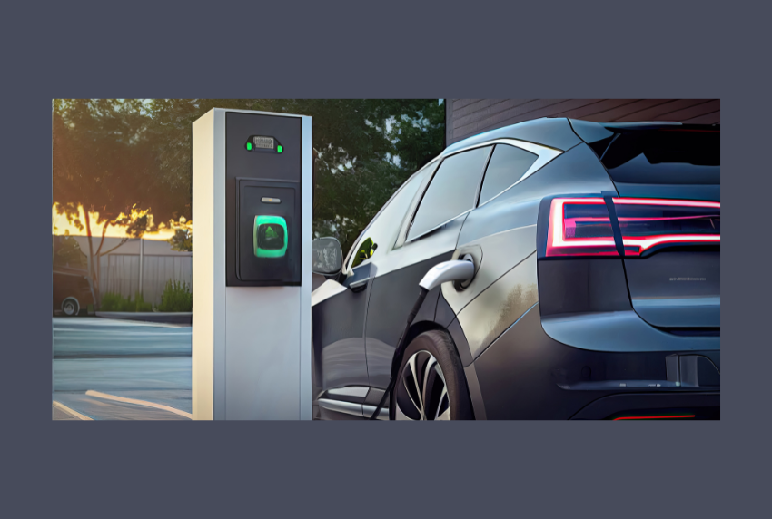 Electric vehicle plugged into charging station. 