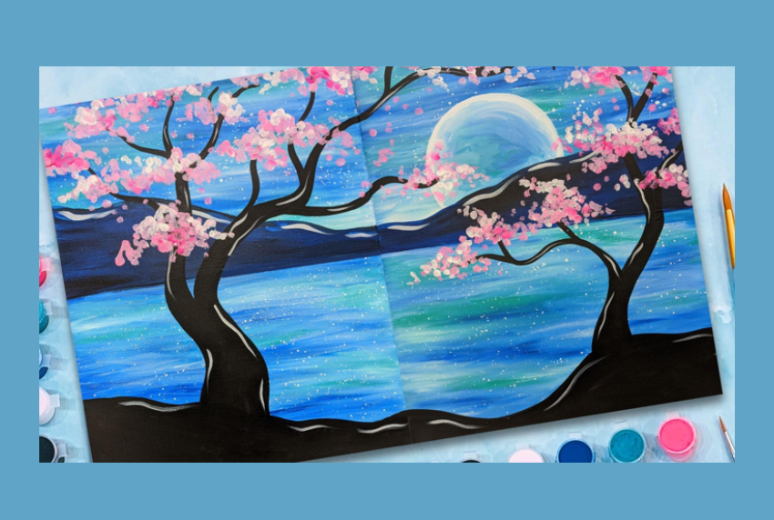 Top view of cherry blossom painting. 